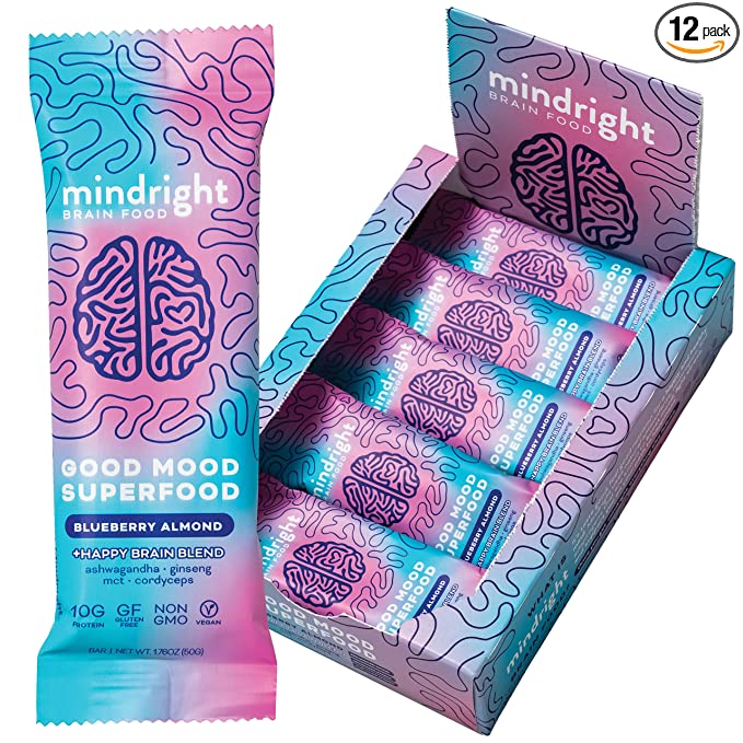  MINDRIGHT Superfood Vegan Protein Bars | Gluten Free Non-Gmo Low Sugar | All Natural Brain Food Healthy Snack To Help Enhance Mood, Energy & Focus (Blueberry Almond,12 Pack)  - 850022566028