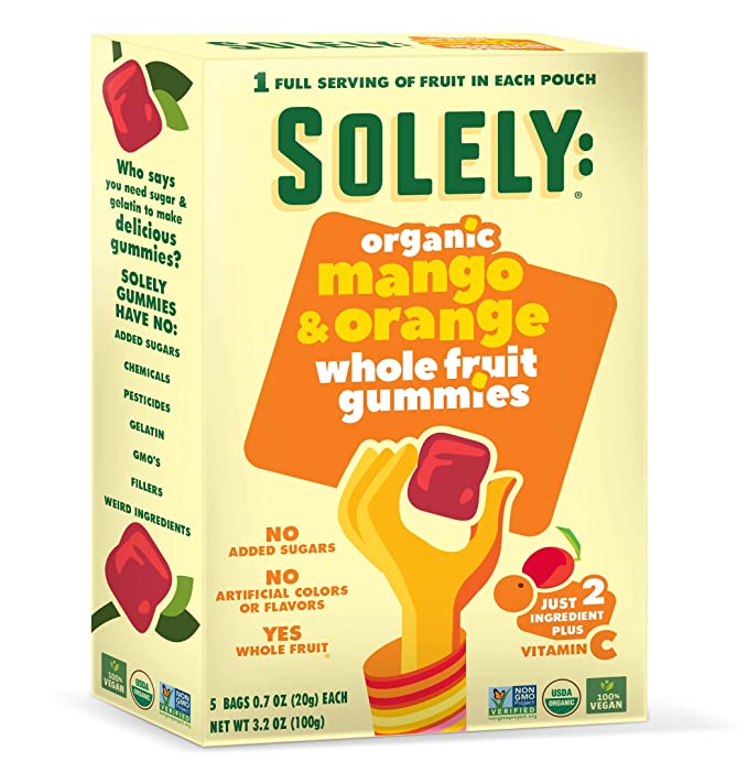  SOLELY Organic Mango and Orange Whole Fruit Gummies, 3.5 oz | Three Ingredients | No Added Sugars, Artificial Colors or Flavors | Vegan Fruit Snacks - 850023073013