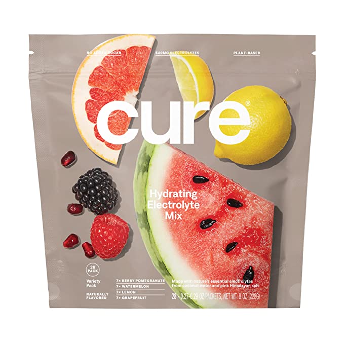 Cure Hydrating Electrolyte Mix | Electrolyte Powder for Dehydration Relief | Made with Coconut Water | No Added Sugar | Vegan | Paleo Friendly | Pouch of 28 Hydration Packets - Variety Pack - 850025251068