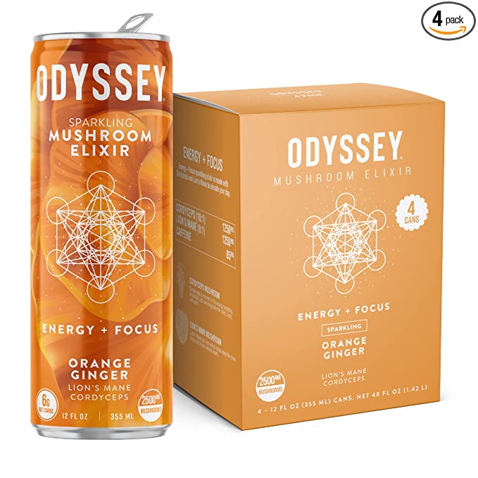  ODYSSEY ELIXIR Energy and Focus Sparkling Mushroom Drink 12 Fl oz, Orange Ginger Flavor with Lions Mane and Cordyceps  - 850025765404