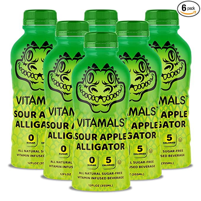  Vitamals Low Calorie Multivitamin Drinks for Kids - 5 Calories - Naturally Sweetened Sugar Free Drinks - Infused with Essential Kids Vitamins & Minerals - Sour Apple Alligator Flavor - 6 x 12 Oz Hydration Drinks  - 850027154176
