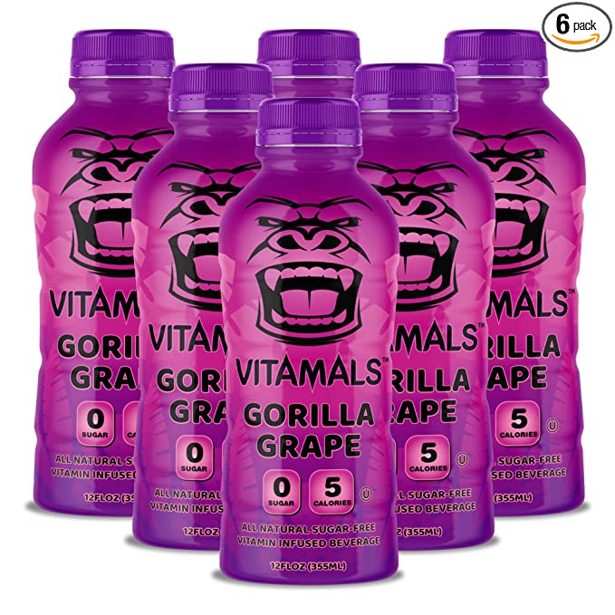  Vitamals Low Calorie Multivitamin Drinks for Kids - 5 Calories - Naturally Sweetened Sugar Free Drinks - Infused with Essential Kids Vitamins & Minerals - Gorilla Grape Flavor - 6x12oz Bottles  - 850027154206