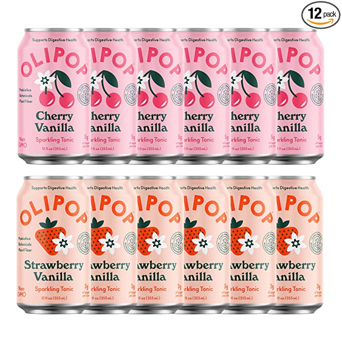  OLIPOP - Pink Pops, Strawberry Vanilla & Cherry Vanilla, Healthy Soda Variety Pack, Prebiotic Soft Drink, Supports Digestive Health, 9g of Plant Fiber, Low Calorie, Low Sugar (12 oz, 12-Pack)  - 850027702018