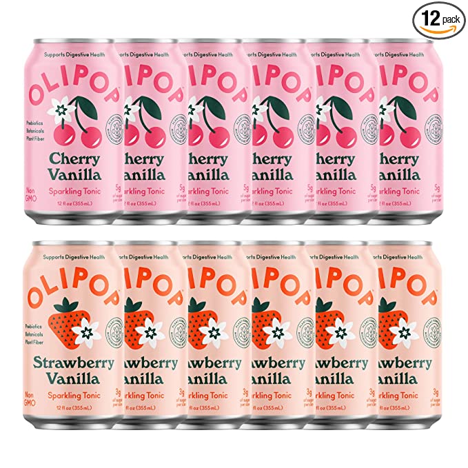 OLIPOP - Pink Pops, Strawberry Vanilla & Cherry Vanilla, Healthy Soda Variety Pack, Prebiotic Soft Drink, Supports Digestive Health, 9g of Plant Fiber, Low Calorie, Low Sugar (12 oz, 12-Pack) - 850027702018