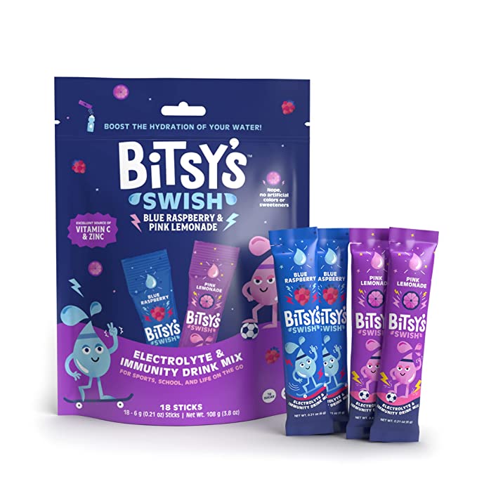  Bitsy's Swish Electrolyte Powder Packets, Hydration Drink Mix with Immunity Boosting Vitamin C, B2, Zinc & Electrolytes, Gluten Free, Low Sugar, Blue Raspberry & Pink Lemonade Variety Pack, 18 Sticks  - 850029380054