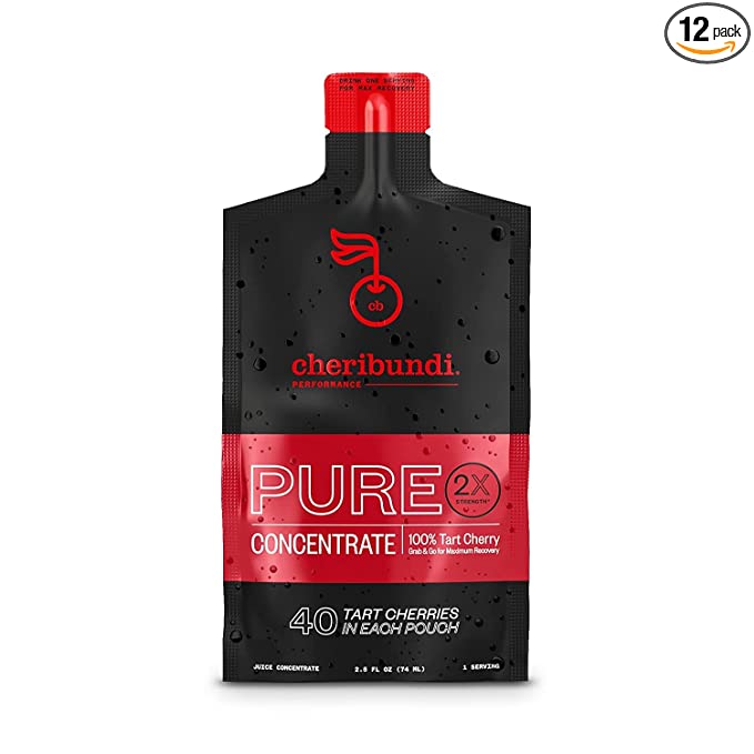  Cheribundi 100% Tart Cherry Juice Pure Concentrate - Max Strength Post Workout Recovery Drink Shot - Fight Inflammation and Support Muscle Recovery - Grab and Go 2.5oz Pouch - 100 Calories, 0 Sugar, 0 Preservatives, Non-GMO, 12 Pouches  - 850029592327