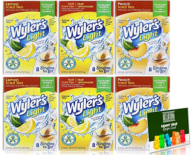 Iced Tea Drink Mix Bundle. Includes 6 Boxes of Wyler's Light Drink Mix and a BELLATAVO Gummy Bears Recipe Card . 2 Boxes of 8 Sticks Each Flavor! Peach, Lemon & Half Iced Tea / Half Lemonade - 850031870338