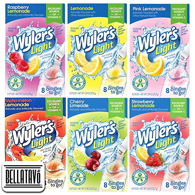  Singles To Go Drink Mix Bundle. 6 Boxes of Wyler's Light Singles To Go Drink Mix & a BELLATAVO Recipe Card. One of Each Flavor - 850031870840