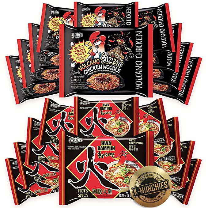K-Munchies Paldo Korean Instant Ramen Noodles - 20 Pack Spicy Ramen Noodles Variety Pack - 10 Ramen Spicy with Soup and 10 Stir-Fried Volcano Chicken Flavor - Assorted Korean Ramen Noodle Snack - 850032376204