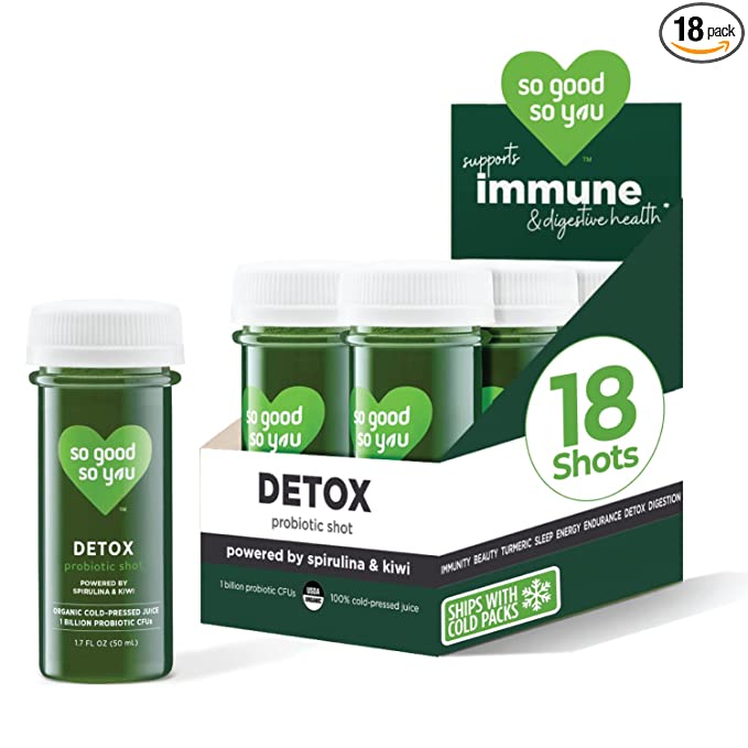 So Good So You Detox Pineapple Orange Juice Shots, with Spirulina & Kiwi, Organic, Cold-Pressed, Probiotics, Immune Support, Digestive Support, 1.7oz, 18 Count  - 850033231021