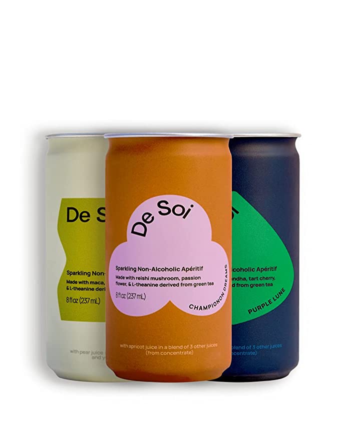  De Soi Can Variety Pack | Non-Alcoholic Sparkling Wine, Botanical, Adaptogen, Gluten-Free, Ready to Drink, Golden Hour, Purple Lune, Champignon Dreams, 3 flavor 12-pack (8 Fl Oz)  - 850034209302