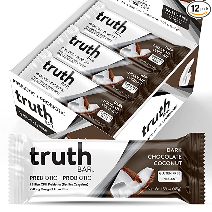  Truth Bar Healthy Snack, Omega 3 from Chia, Plant based, Prebiotics & Probiotics, High fiber, Low sugar, Keto, Kosher, Dark Chocolate, Vegan, Gluten Free, 12 Ct, 45g ea.  - 850034843032