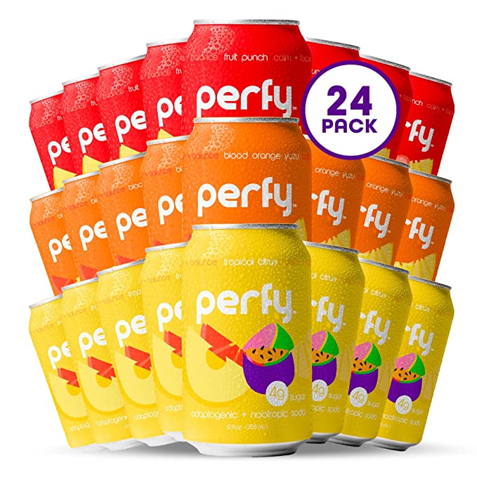  PERFY Soda Superfood Nootropic Soft Drink | Low Sugar, Low Carb, Gluten Free, Caffeine Free, Keto Soda | All Natural Soft Drink Made With Real Fruit Juice, Nootropics & Adaptogens | 24 Pack (Variety Pack)  - 850035088111