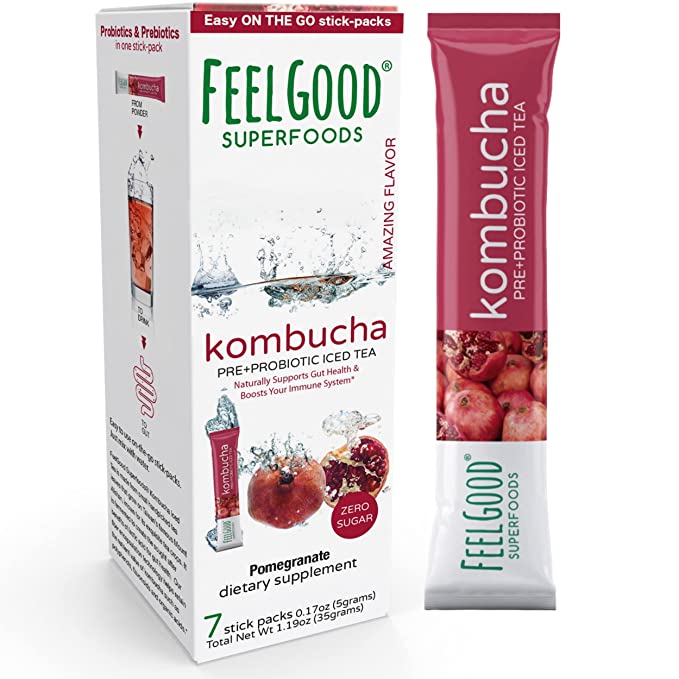 FeelGood Superfoods Kombucha Iced Tea Packets, Delicious Pomegranate Flavored Refreshing Instant Kombucha Powder Fizzy Drink, Probiotic Supplement for Gut Health, 7 pack - 850035254035