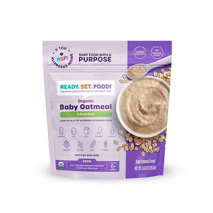  Ready, Set, Food! Organic Baby Oatmeal Cereal | 15 Servings per Baby Food Pouch | 9 Top Allergens Pre-Mixed Inside (Peanut, Egg, Milk, Cashew, Almond, Walnut, Sesame, Soy, Wheat) | No-Added Sugar | Fortified with Iron | Original Flavor - 850035382073