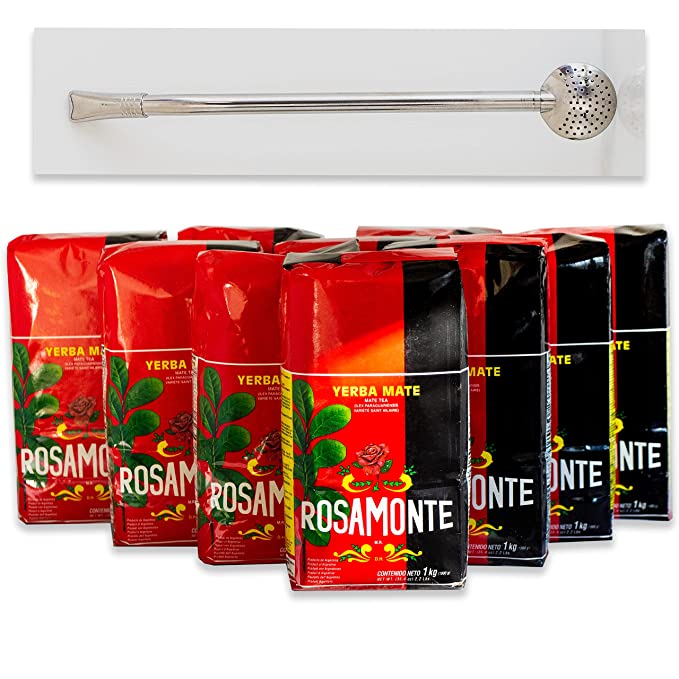  Rosamonte Traditional Yerba Mate Tea (10, 1kg Packs - 22 LBS) - Robust and Earthy - Includes Circle of Drink Hampton Stainless Steel Yerba Mate Bombilla (Tea Filter) - 11 Items Total  - 850036230489