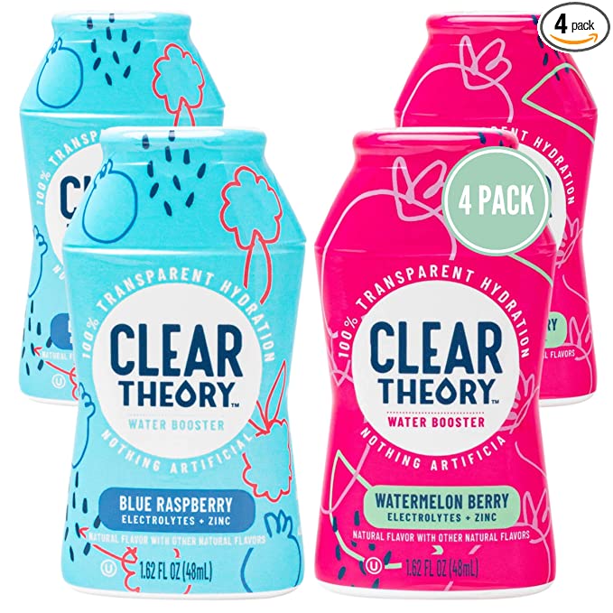 Clear Theory Water Flavoring Drops with Electrolytes, Water Enhancer Liquid Flavored Water Drink Mix, Hydration for Kids, Vegan, Gluten Free, Low Calorie (Blue Raspberry & Watermelon Berry) - 850036310013