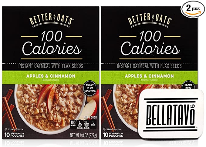  100 Calorie Oatmeal Bundle. Includes Two-9.8 Oz Boxes of Better Oats 100 Calorie Apple Cinnamon Oatmeal and a BELLATAVO Fridge Magnet! Each Box Has 10 Pouches of Instant Oatmeal with Flax Seed! - 850037409747