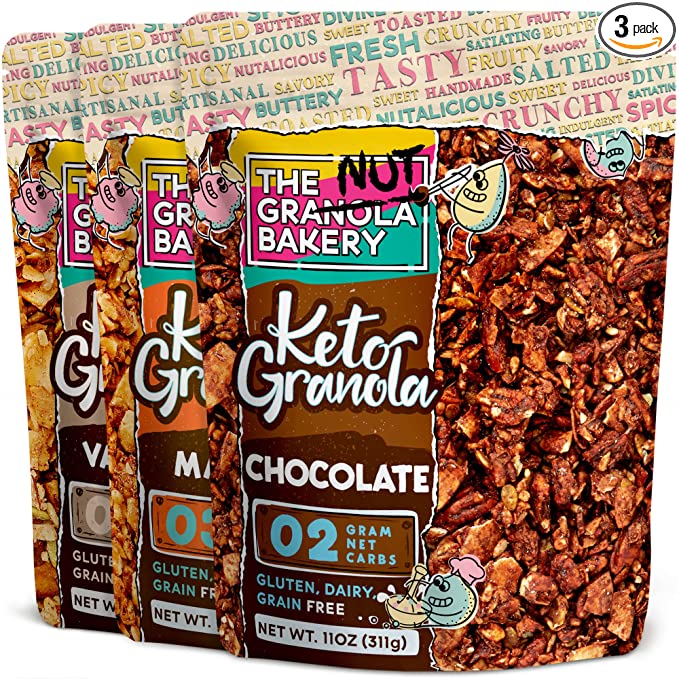 The Granola Bakery Chocolate Maple Vanilla Variety Keto Granola Cereal | 2-3g Net Carb | Low Carb Snack, 11 Ounces (3 Pack) - 850038562496