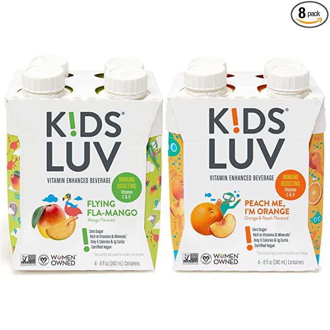  KidsLuv Vitamin Enhanced drinks, 2 flavor Mango/OrangePeach Variety 8pk , Zero Sugar, Certified Non-GMO, Vegan and Kosher, 8 ounce, Resealable, Recyclable, Strawfree, Tetra Pak drink boxes  - 850052008062