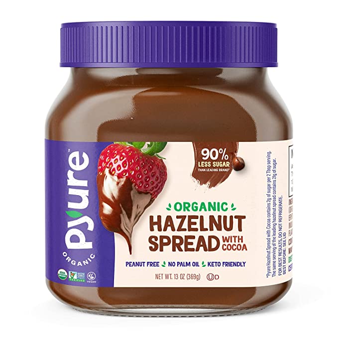 Pyure Organic Chocolate Hazelnut Spread | 90% Less Sugar | 1 Net Carb Keto Snack | No Palm Oil, Gluten-Free, Peanut Free, Plant-Based Hazelnut Spread for Vegan Keto Friendly Food | 13oz - 850196003848