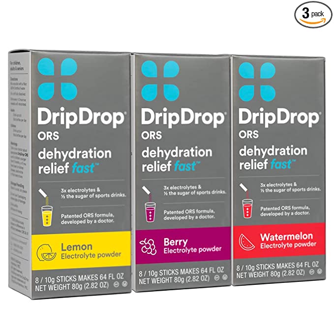  DripDrop ORS Electrolyte Hydration Powder Sticks, Lemon/Berry/Watermelon Variety Pack, 10g Sticks, 8 Count (Pack of 3)  - 850379003351