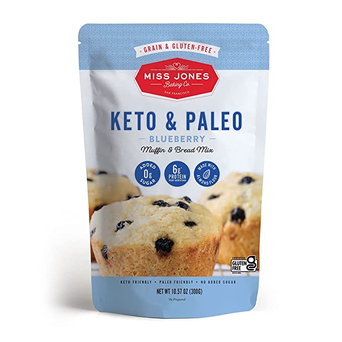 Miss Jones Baking Keto Blueberry Muffin Mix - Gluten Free, Low Carb, No Sugar Added, Naturally Sweetened Desserts & Treats - Diabetic, Atkins, WW, and Paleo Friendly (Pack of 1) - 850475006522