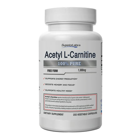#1 Acetyl-L-Carnitine By Superior Labs - 100% Pure, 1,000mg, 200 Vegetable Capsules - Made in USA, 100% Money Back Guarantee - 850569006292