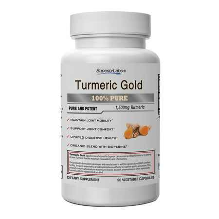 Superior Labs Turmeric Gold | Pure NonGMO 1500mg (Organic Blend) - w/Bioperine for Superior Absorption | Zero Synthetic Additives - Powerful Formula Joint Knees Hips Immune - 850569006483