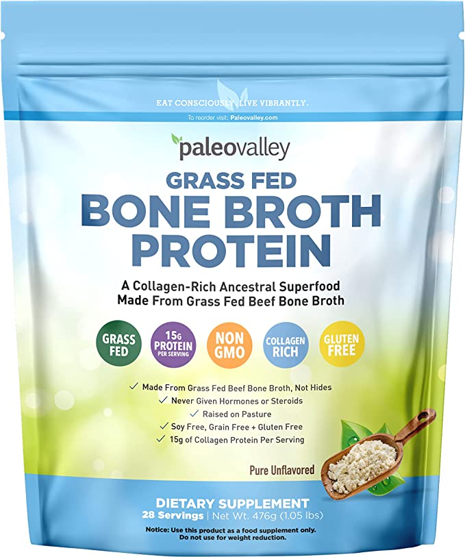  Paleovalley 100% Grass Fed Beef Bone Broth Protein Powder - Rich in Collagen Peptides for Hair, Skin, Gut Health, Bone and Joint Support - 28 Servings, 15g Protein Per Serving - No Gluten or GMOs  - 850822006175