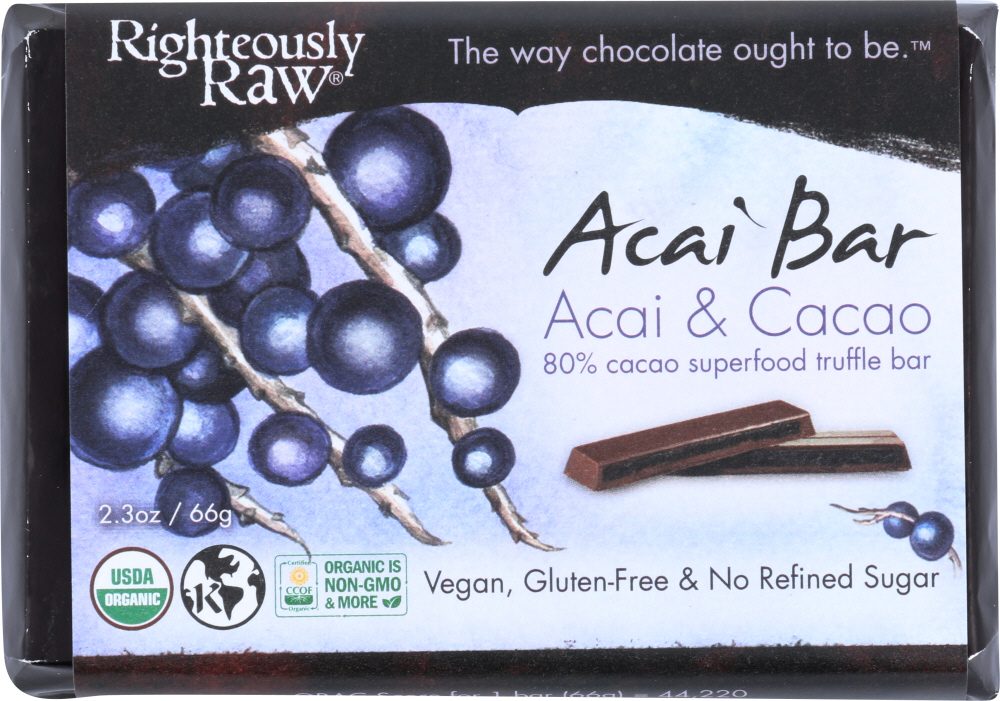 RIGHTEOUSLY RAW: 80% Acai & Cacao Superfood Bar Organic, 2.3 oz - 0850840001084