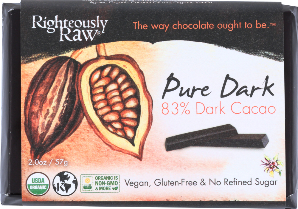 RIGHTEOUSLY RAW: 83% Pure Dark Cacao Bar Organic, 2 oz - 0850840001114