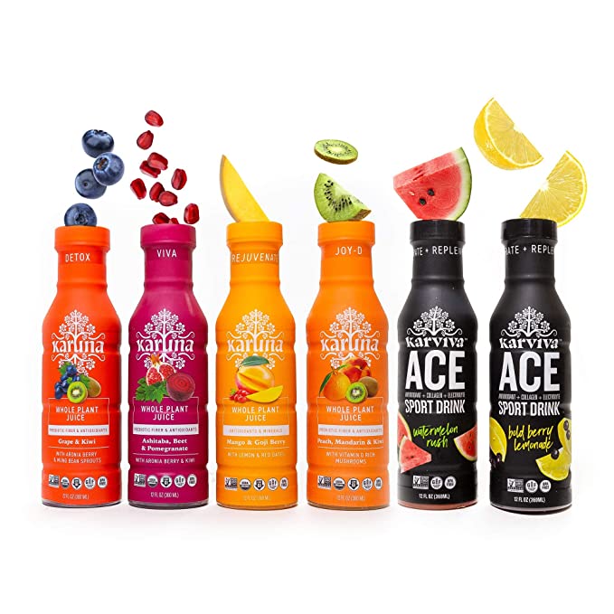 Whole Plant Fruit Juice Variety Pack, Immunity and Energy Booster, Detox Wellness Drinks with Natural Electrolyte, Prebiotic and Antioxidants, Gluten Free, 6 bottles, 12 fl oz - Karuna - 851042007119