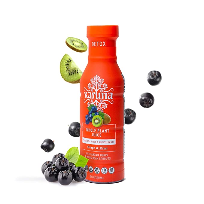 Karuna Whole Plant Juice, Organic Detox Drink with Aronia Berries and Mung Bean Sprouts, High in Antioxidants, 6-pack (Grape and Kiwi) - 851042007140