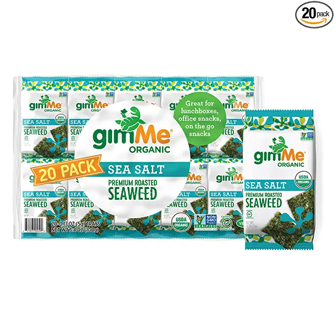 gimMe Organic Roasted Seaweed Sheets - Sea Salt - 20 Count - Keto, Vegan, Gluten Free - Great Source of Iodine and Omega 3’s - Healthy On-The-Go Snack for Kids & Adults - 851093004594