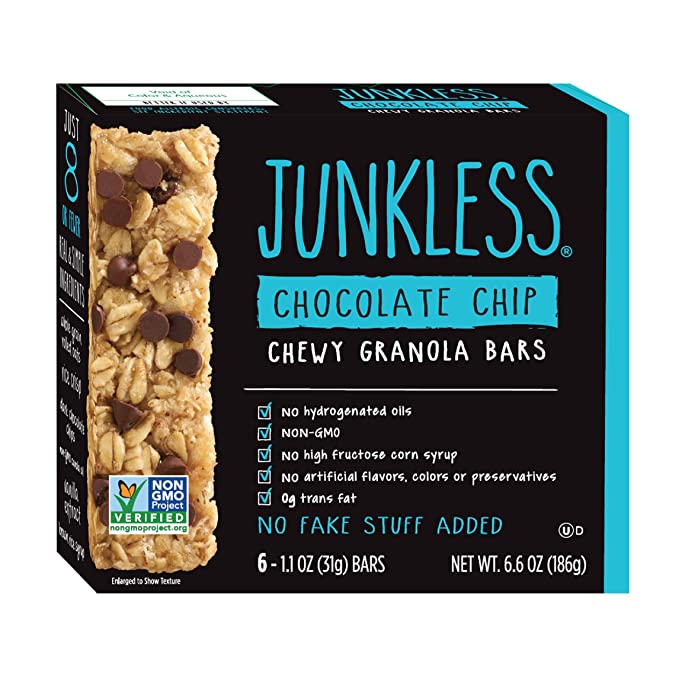  Junkless Chewy Granola Bar Non-GMO, low sugar, great tasting (Chocolate Chip, 1.1 Ounce (Pack of 6))  - 851100003015