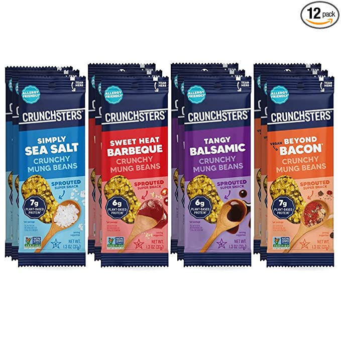 Crunchsters Sprouted Mung Beans, Plant-Based Protein Super-Snack and Salad Topper, Gluten-Free, Nut-Free, Vegan, 6g Protein/Serving or More, 1.3oz. Bags, Variety, 12-Pack - 851166007163