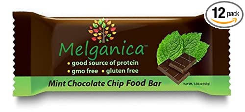 Melganica Mint Chocolate Chip Food and Protein Bar - Non-GMO, Gluten Free, Contains Organic Ingredients, 7g of Fiber - 12 Count - 851203007835