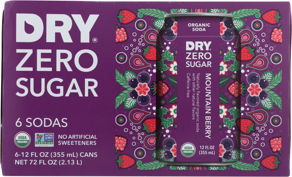 DRY SODA: Zero Sugar Soda Mountain Berry 6-12 fl oz, 72 fl oz - 0851280008046
