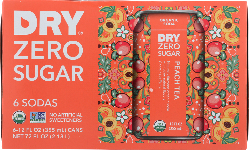 DRY SODA: Zero Sugar Soda Peach Tea 6-12 fl oz, 72 fl oz - 0851280008107