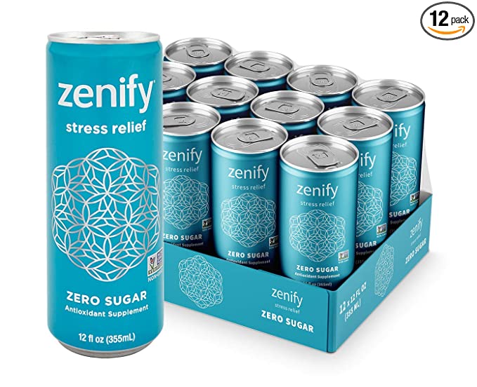  Zenify Zero Sugar All Natural Sparkling Calming Stress Relief Beverage, Formula with L-Theanine, GABA, Vitamin B6, and Glycine, Alcohol Replacement Drink, 12 Fl Ounce (Pack of 12)  - 855874002014