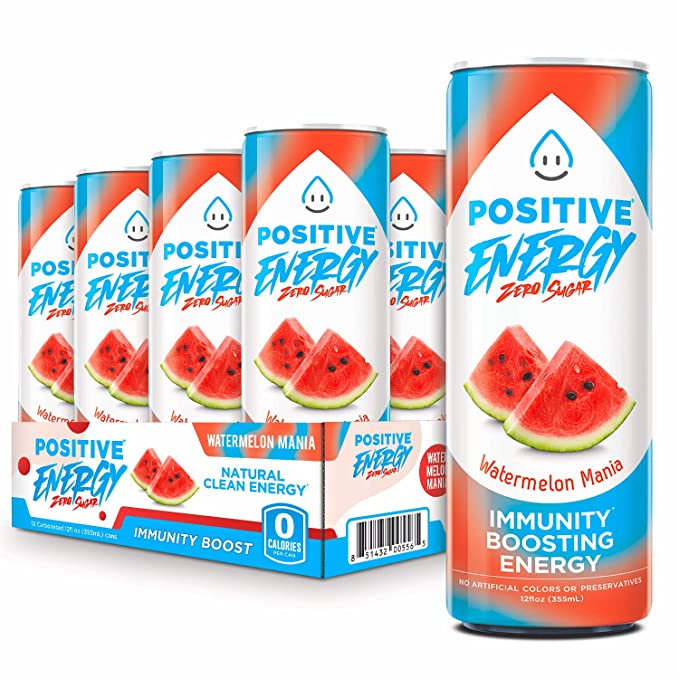  Positive Energy Beverage | 12-oz Can, Pack of 12 | Watermelon Mania | Zero Sugar Energy Drink, Immunity and Hydration Support  - 851432005602
