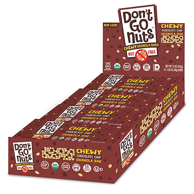Don't Go Nuts Nut-Free Organic Chewy Granola Bars, Chocolate Chip, 12 Count, Non GMO, Gluten Free - 851553008032