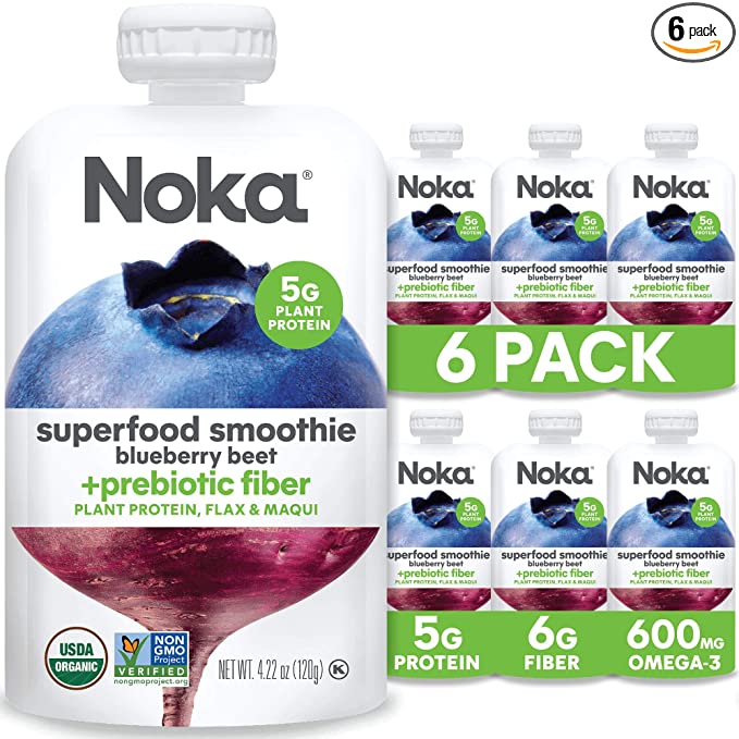  NOKA Superfood Pouches (Blueberry Beet) 6 Pack | 100% Organic Fruit And Veggie Smoothie Squeeze Packs | Non GMO, Gluten Free, Vegan, 5g Plant Protein | 4.2oz Each  - 851554006037