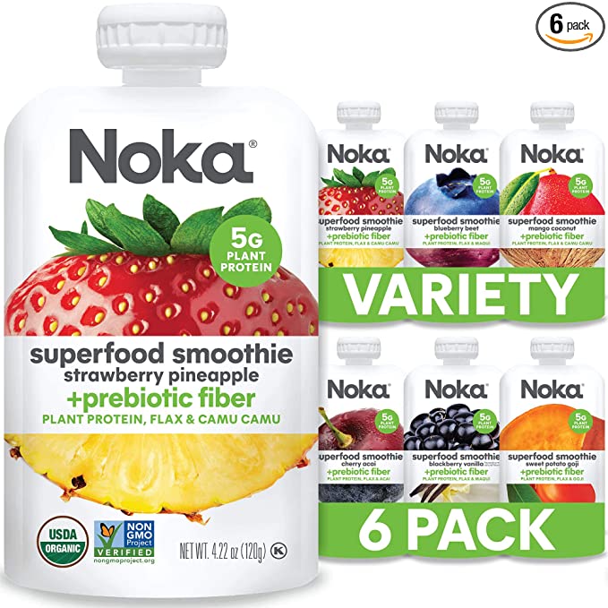  Noka Superfood Fruit Smoothie Pouches, Healthy Snacks (Variety Pack of 6), Vegan, Gluten-Free, with Flax Seed, Prebiotic Fiber & Plant Protein, Organic Squeeze Pouch 4.22oz Each  - 851554006129