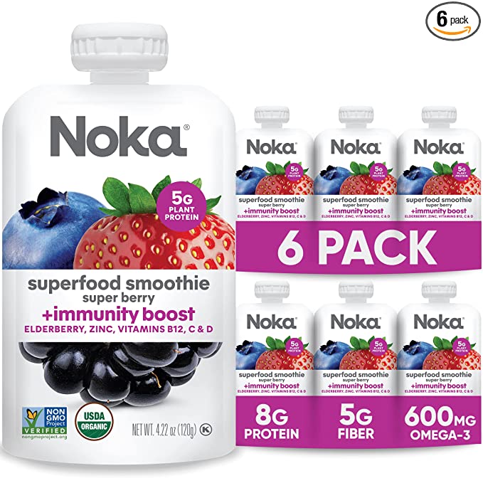 Noka Immune Support Fruit Smoothie Pouches, Healthy Snacks (Super Berry) 6 Pack, Vegan, Gluten-Free, with Flax Seed & Plant Protein, Vitamin C, D & B12, Elderberry, Zinc, Organic, 4.22oz - 851554006457