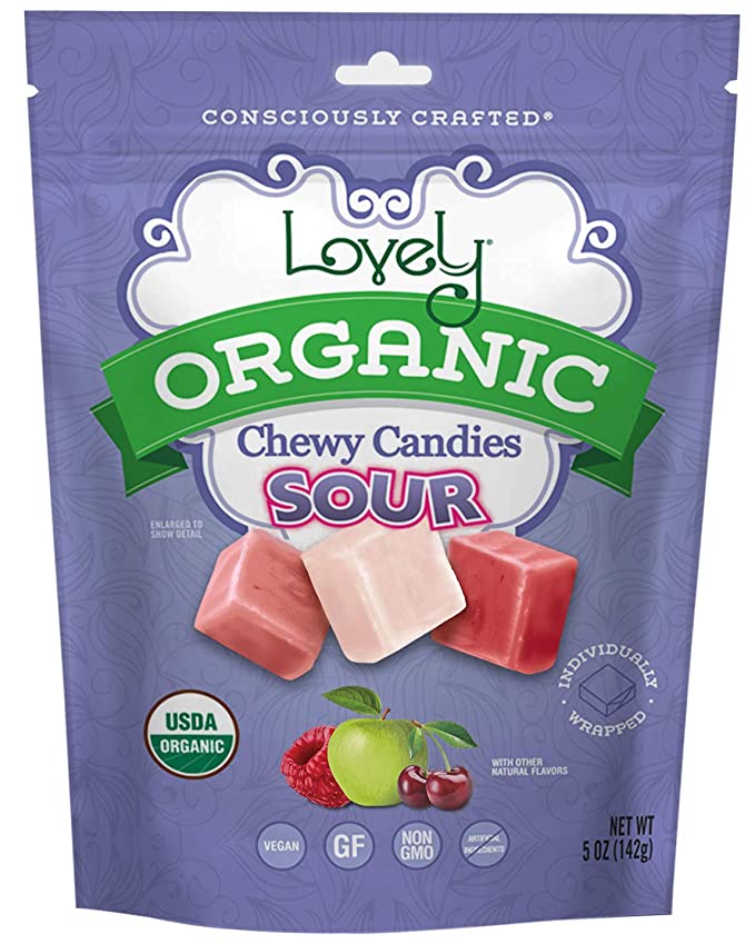  ORGANIC Sour Chewy Candies - Lovely Candy Co. 5oz Bag - Raspberry, Apple & Cherry Flavors | NO HFCS, GLUTEN or Fake Ingredients, 100% VEGAN & Kosher!  - 851600009951