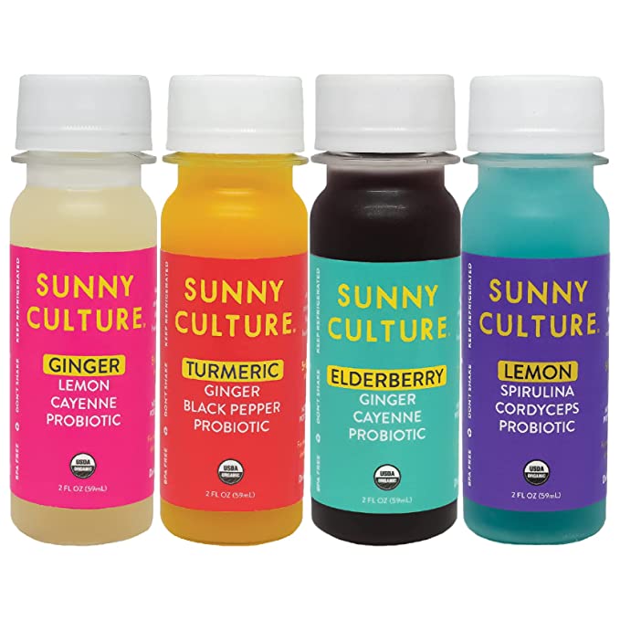 24-Pack Sunny Culture Organic Ginger Shots, Wellness Shots, Immunity Shot, & Detox - 2 oz Probiotic Gut Shots - Water Kefir, Turmeric, Ginger, Spirulina, Lemon, Black Pepper, & Cayenne Pepper - 851677008208