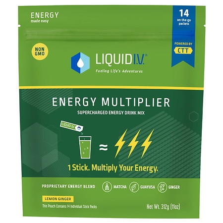 Liquid I.V. Energy Multiplier, Super-Charged Matcha Mix, 9 Essential Vitamins, Natural Caffeine, Easy Open Packets, Supplement Drink Mix, (Lemon Ginger) (14 Count) - 851741008530