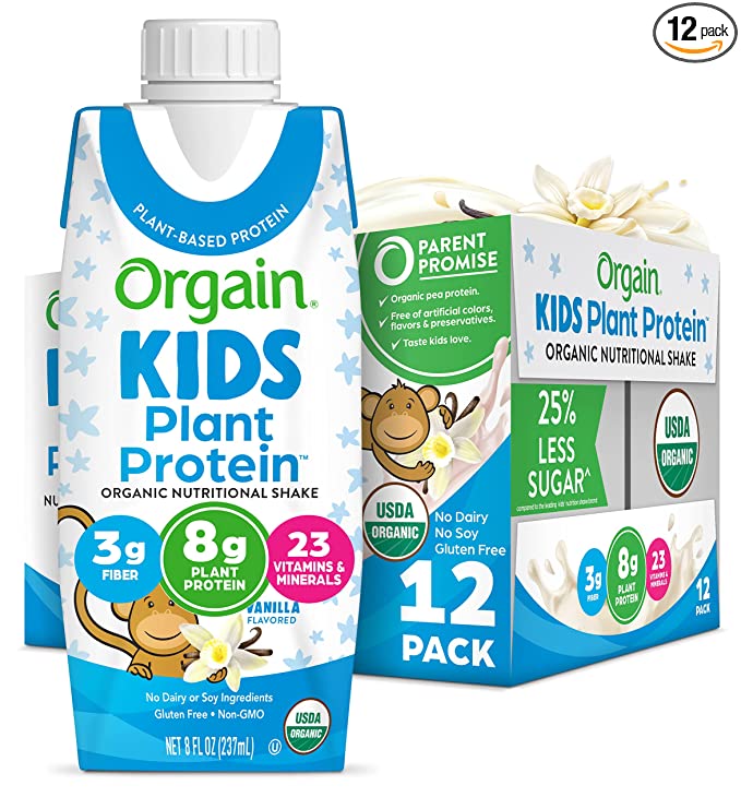 Orgain Organic Kids Vegan Protein Nutritional Shakes, Vanilla - 8g of Protein, Contains Fiber and 23 Vitamins and Minerals, Plant Based, No Gluten or Soy, Non-GMO, 8 Fl Oz (Pack of 12) - 851770003520